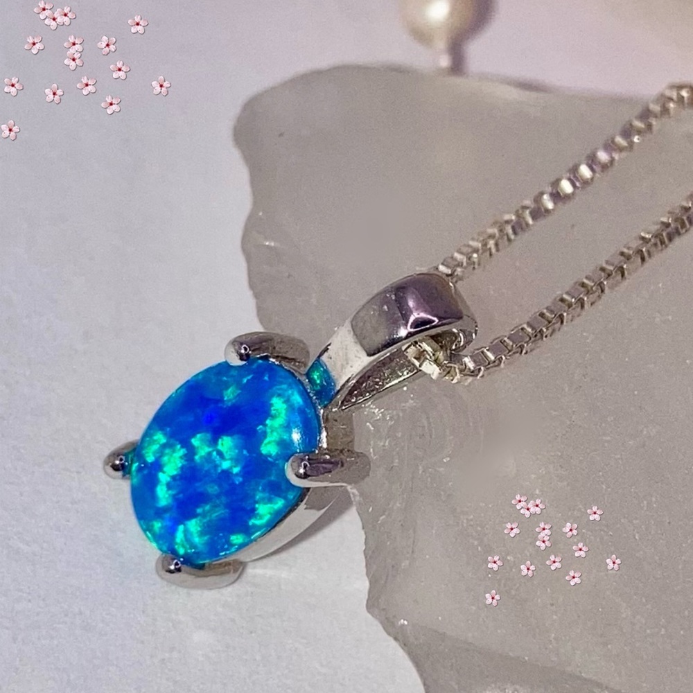 Blue Fire Opal Gemstone Dainty Stamped Pendant Necklace